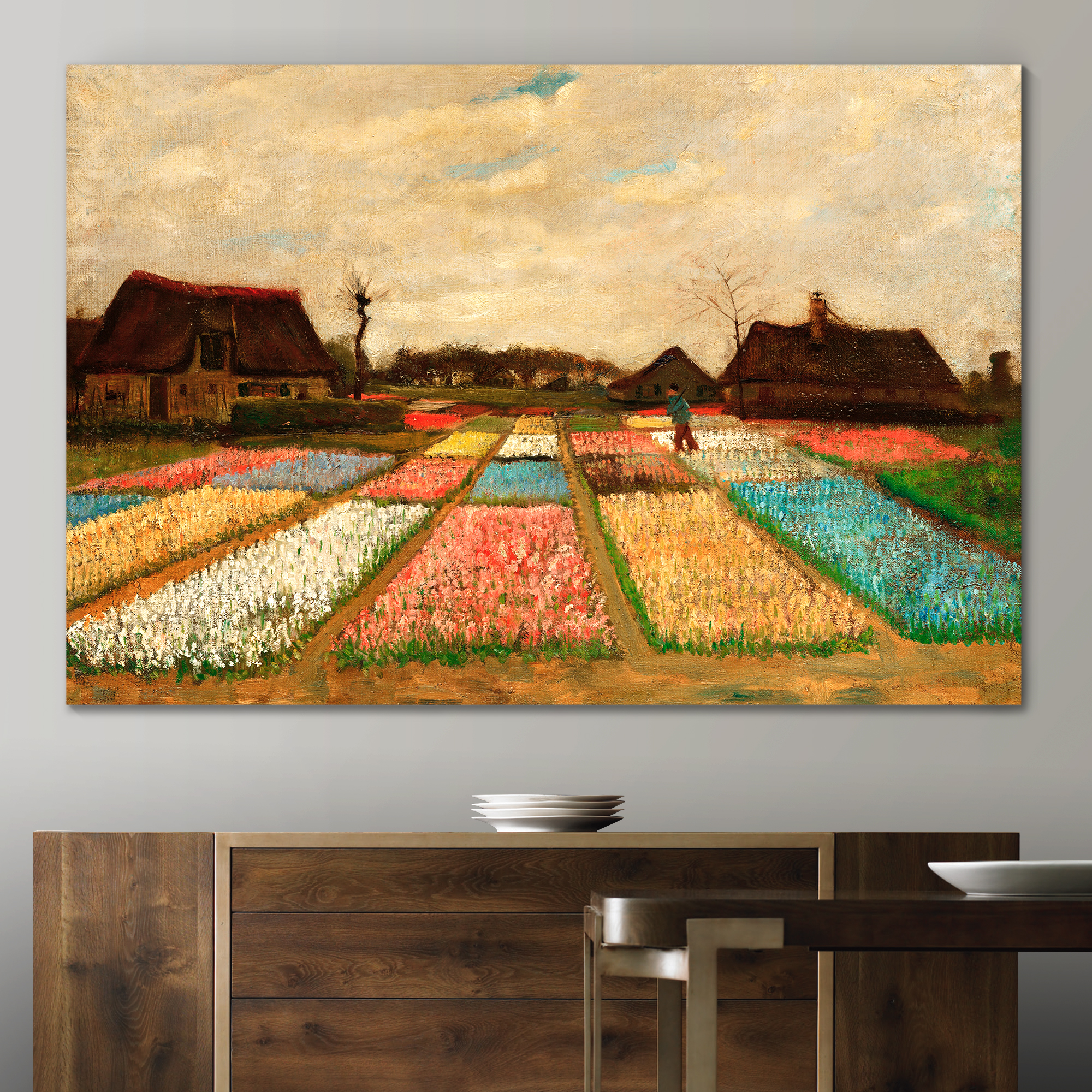 Bulb Fields (Also Called Flower Beds in Holland) by Vincent Van Gogh - Oil Painting Reproduction on Canvas Prints Wall Art, Ready to Hang - 16x24 inches