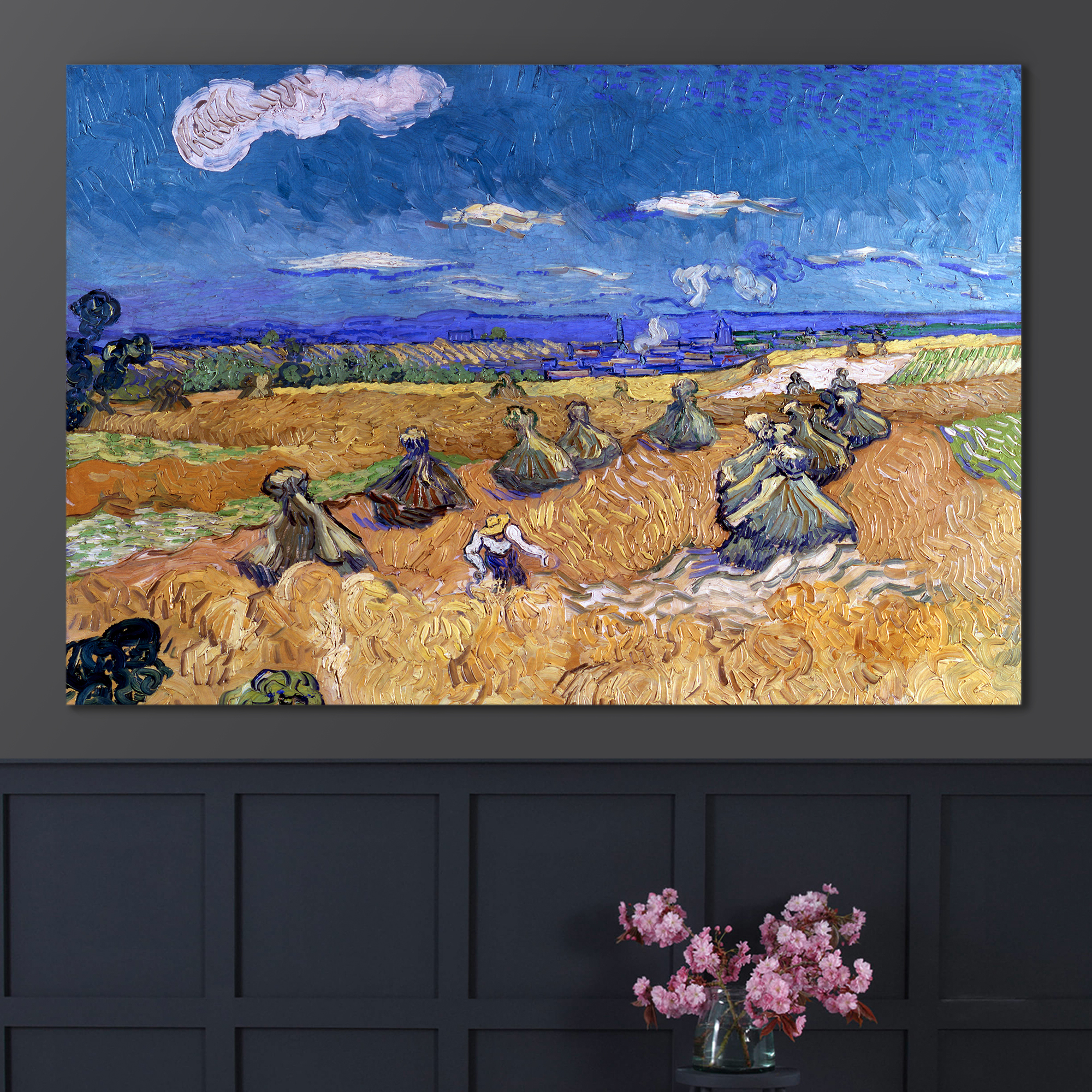 Wheat Fields with Reaper, Auvers by Vincent Van Gogh - Oil Painting Reproduction on Canvas Prints Wall Art, Ready to Hang - 12x18 inches