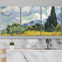 3 Panel Canvas Wall Art - Wheat Field with Cypresses by Vincent Van Gogh - Giclee Print Gallery Wrap Modern Home Art Ready to Hang - 16"x24" x 3 Panels