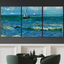 3 Panel Canvas Wall Art - Seascape Near Les Saintes-Maries-de-la-Mer by Vincent Van Gogh - Giclee Print Gallery Wrap Modern Home Art Ready to Hang - 16"x24" x 3 Panels