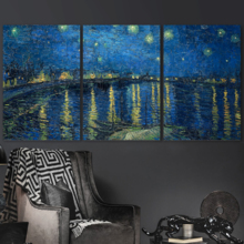 3 Panel Canvas Wall Art - Starry Night Over The Rhone by Vincent Van Gogh - Giclee Print Gallery Wrap Modern Home Art Ready to Hang - 16"x24" x 3 Panels