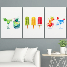 3 Panel Canvas Wall Art - Summer Drinks and Treats Triptych Series | Summer Drinks and Popsicle Illustrations and Watercolor - 16"x24" x 3 Panels