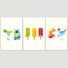 3 Panel Canvas Wall Art - Summer Drinks and Treats Triptych Series | Summer Drinks and Popsicle Illustrations and Watercolor - 16"x24" x 3 Panels