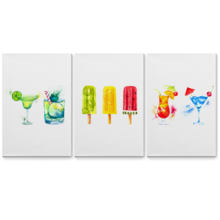 3 Panel Canvas Wall Art - Summer Drinks and Treats Triptych Series | Summer Drinks and Popsicle Illustrations and Watercolor - 16"x24" x 3 Panels