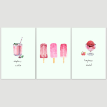 3 Panel Canvas Wall Art - Raspberry Drinks and Treats Triptych Series | Raspberry Drinks Sherbet and Popsicle Watercolor - 16"x24" x 3 Panels