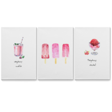 3 Panel Canvas Wall Art - Raspberry Drinks and Treats Triptych Series | Raspberry Drinks Sherbet and Popsicle Watercolor - 16"x24" x 3 Panels