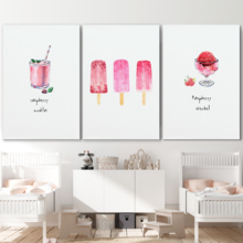3 Panel Canvas Wall Art - Raspberry Drinks and Treats Triptych Series | Raspberry Drinks Sherbet and Popsicle Watercolor - 16"x24" x 3 Panels