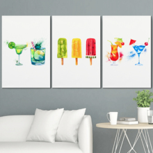 3 Panel Canvas Wall Art - Summer Drinks and Treats Triptych Series | Summer Drinks and Popsicle Illustrations and Watercolor - 24"x36" x 3 Panels