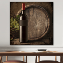 Square Canvas Wall Art - Country Style Wine Bottle with Grapes and Wooden Barrel - Giclee Print Gallery Wrap Modern Home Art Ready to Hang - 12x12 inches