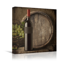 Square Canvas Wall Art - Country Style Wine Bottle with Grapes and Wooden Barrel - Giclee Print Gallery Wrap Modern Home Art Ready to Hang - 12x12 inches