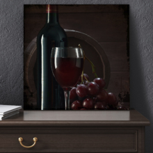 Square Canvas Wall Art - Rustic Style Glass of Wine with Wine Bottle and Grapes - Giclee Print Gallery Wrap Modern Home Art Ready to Hang - 12x12 inches