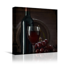 Square Canvas Wall Art - Rustic Style Glass of Wine with Wine Bottle and Grapes - Giclee Print Gallery Wrap Modern Home Art Ready to Hang - 24x24 inches