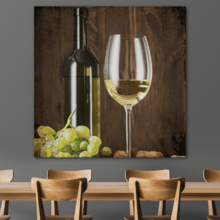 Square Canvas Wall Art - Rustic Style Wine in Glass and Wine Bottle with Grapes - Giclee Print Gallery Wrap Modern Home Art Ready to Hang - 24x24 inches