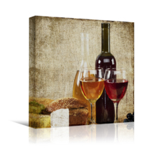 Square Canvas Wall Art - Rustic Style Wine in Glasses with Breads and Bottles - Giclee Print Gallery Wrap Modern Home Art Ready to Hang - 16x16 inches