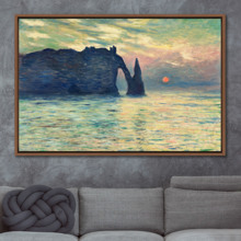 The Cliff, Etretat, Sunset by Claude Monet - Framed Canvas