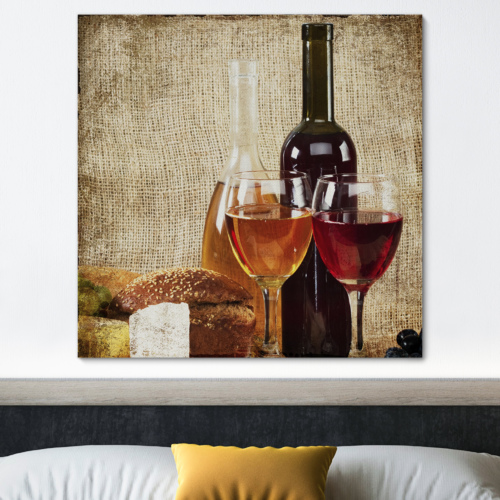 Marvelous Composition Square Rustic Style Wine in Glasses with Breads and Bottles with Expert Quality - Wall26 - turquoise,brown